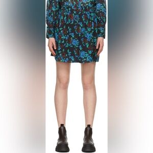 GANNI Printed Light Crepe Smock Mini Skirt Meadow Azure Blue US 0 EU 32